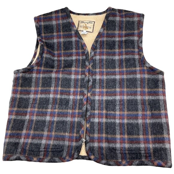 Wrangler Outerwear Vest Men Large Gray Red Plaid Zip Wool Sherpa Lined‎ Western - Picture 1 of 9